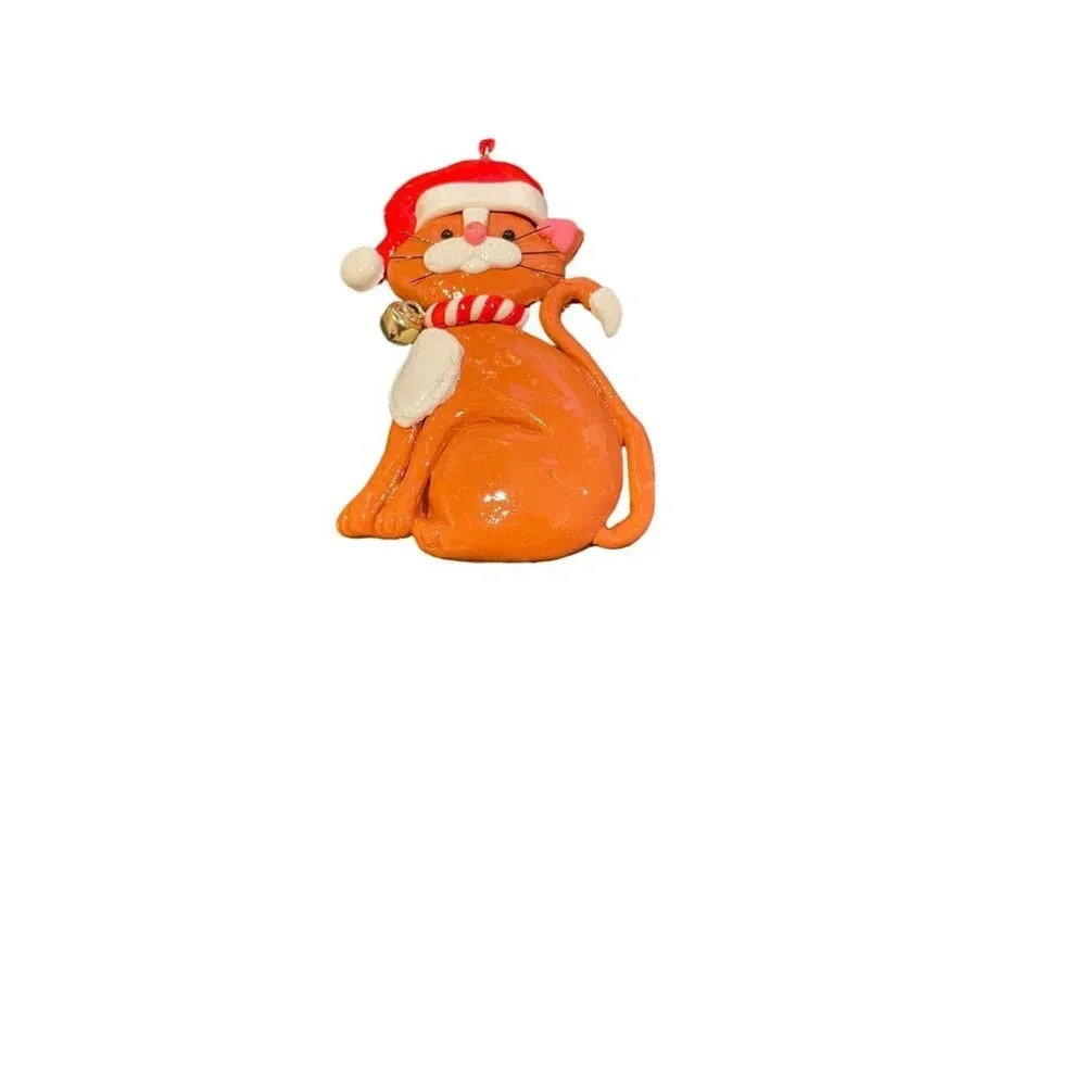 Santa Brown Cat Kitten Kitty Christmas Holiday Ornament Hat Bell Polymer Clay - Picture 1 of 3